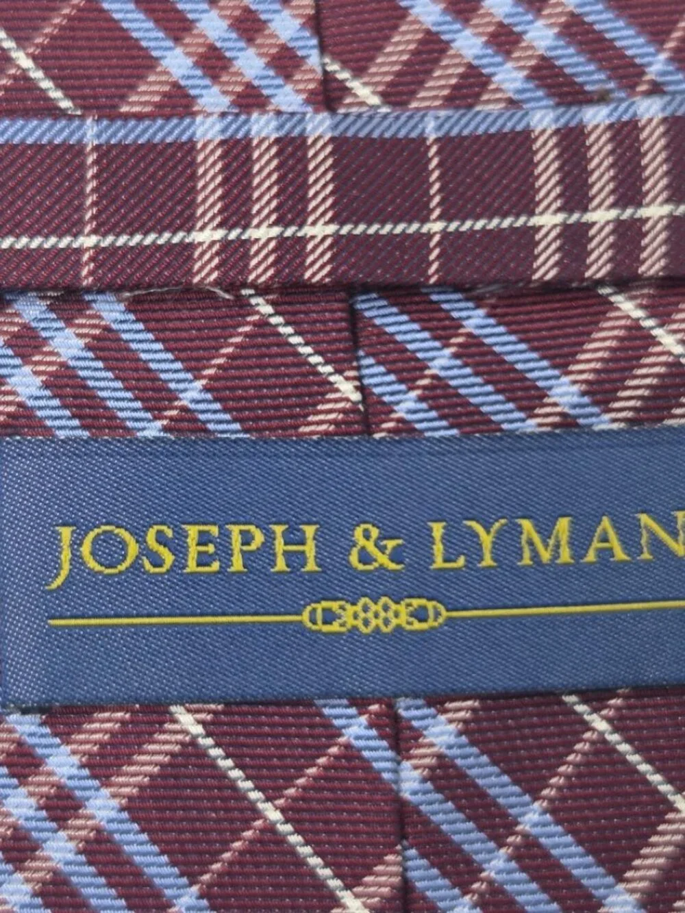 Joseph And Lyman Mens 100% Silk Tie 58 Inch Burgundy Blue Plaid Pattern